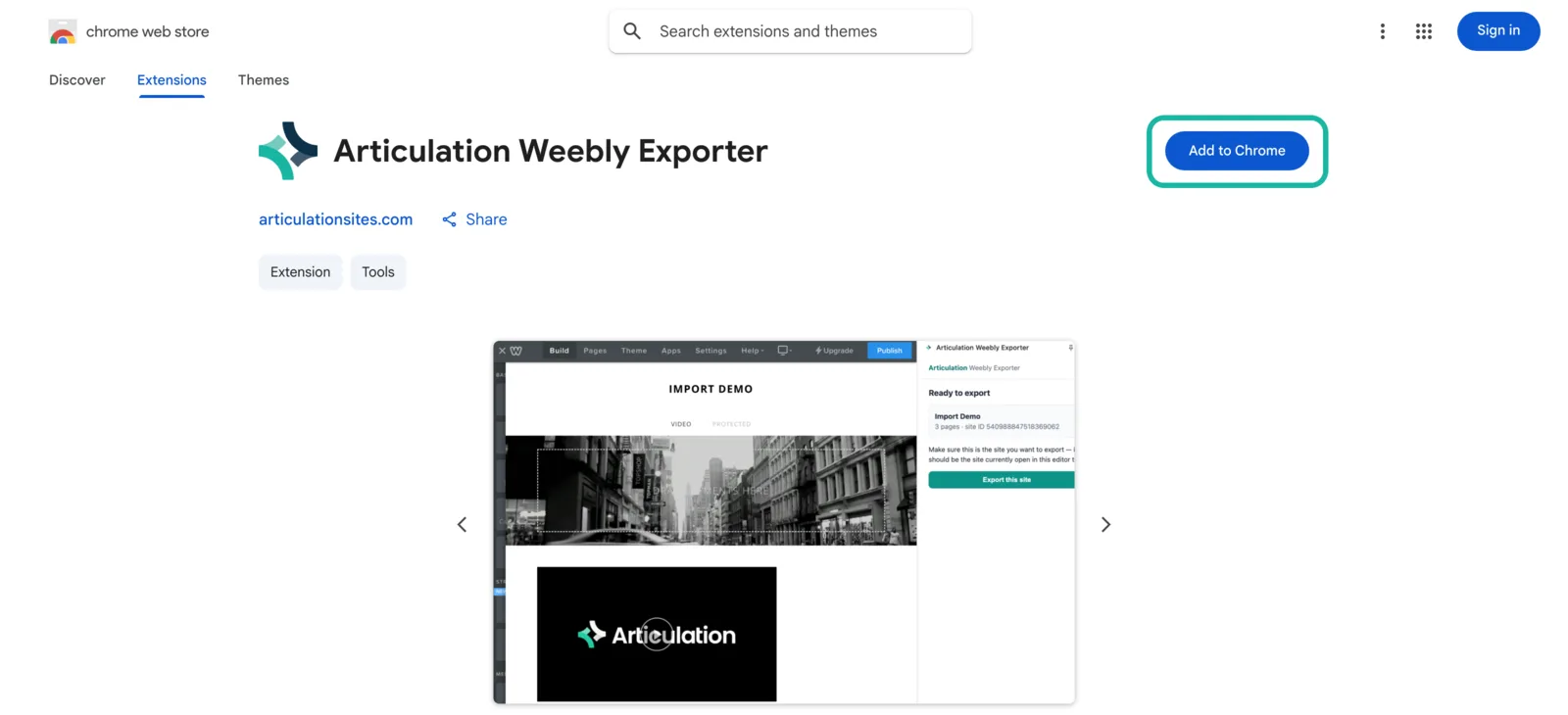 The Articulation Weebly Exporter listing on the Chrome Web Store with the Add to Chrome button highlighted