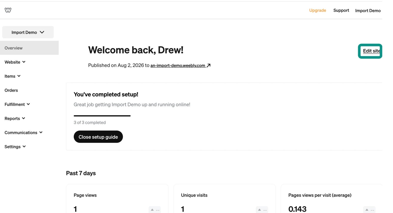 The Weebly dashboard with the Edit site button highlighted
