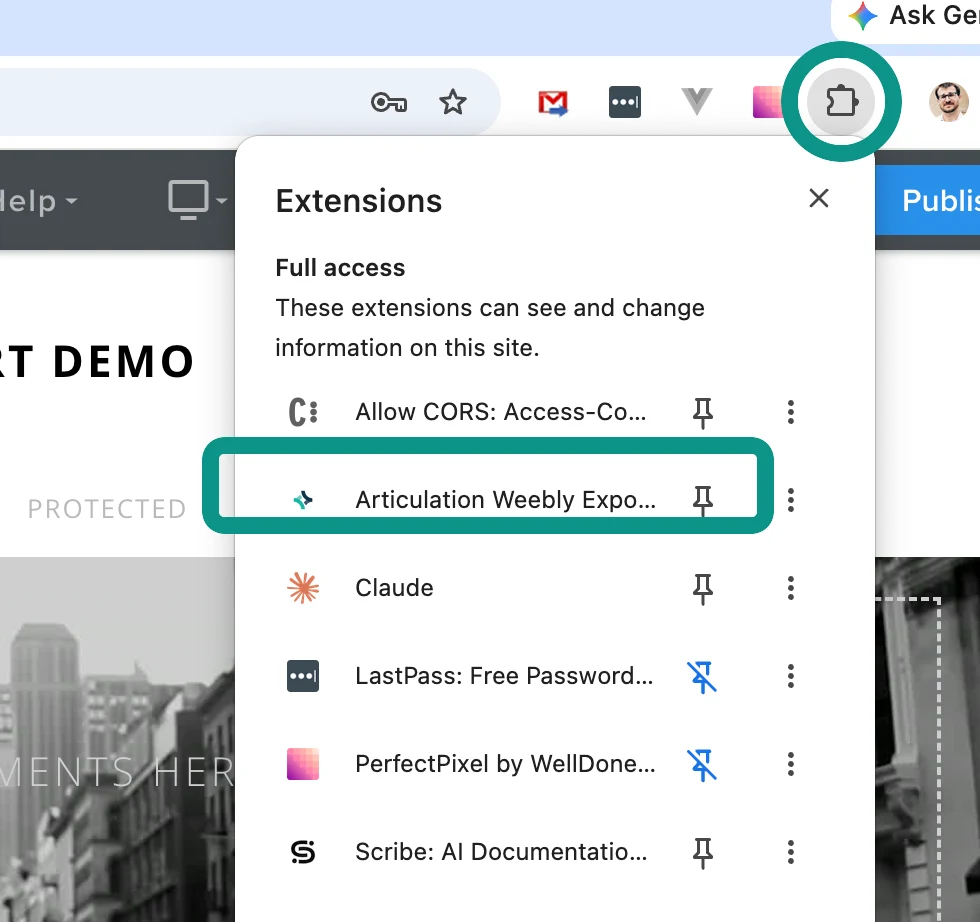 Chrome's extensions menu open, with the puzzle-piece icon and the Articulation Weebly Exporter highlighted