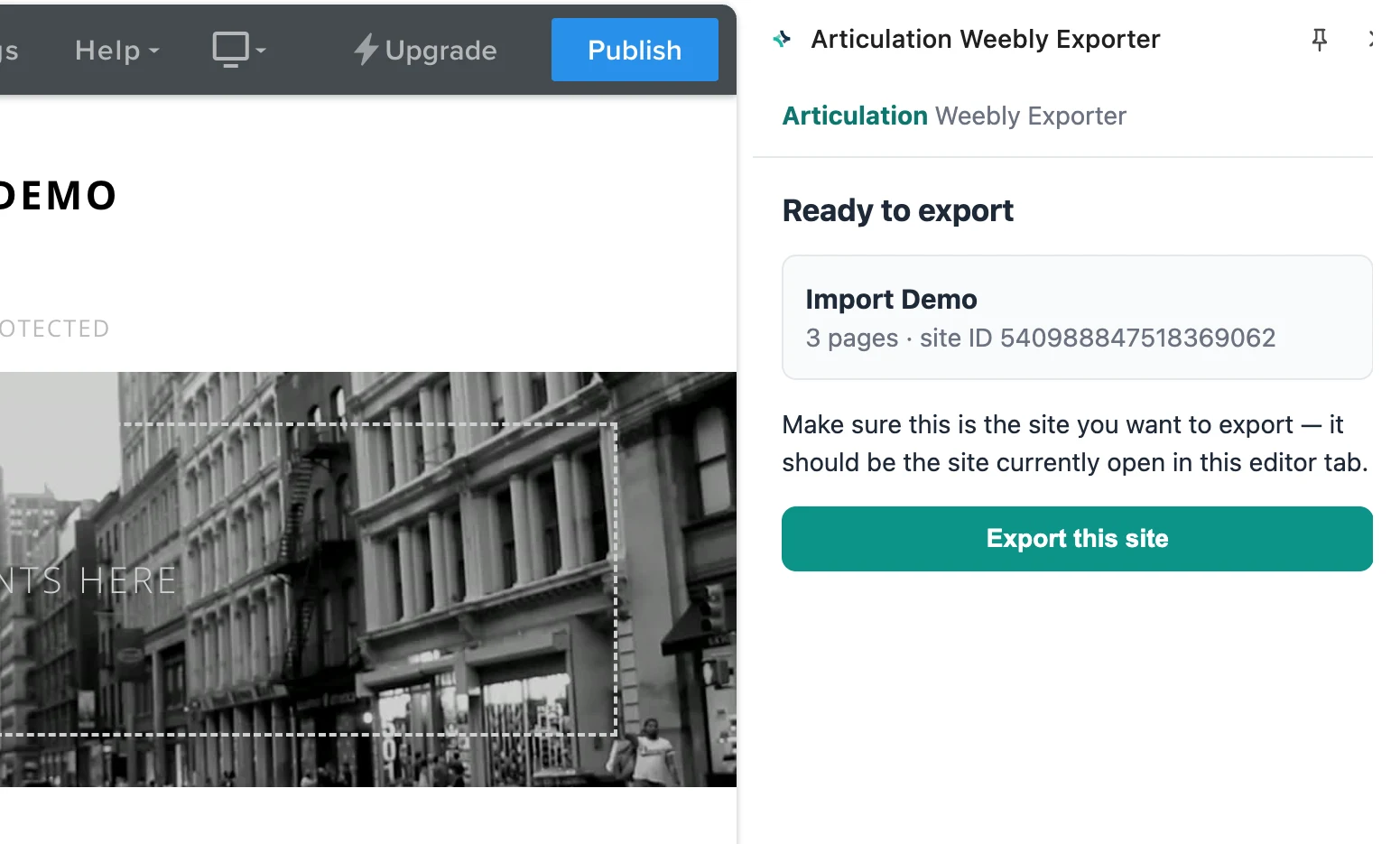 The Articulation Weebly Exporter panel open beside the Weebly editor, showing the Export this site button